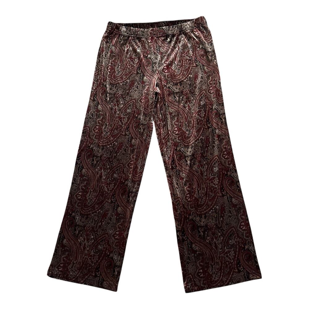 Coldwater Creek Pants Womens M Velvet Paisley Pull On Stretch Burgundy Brown